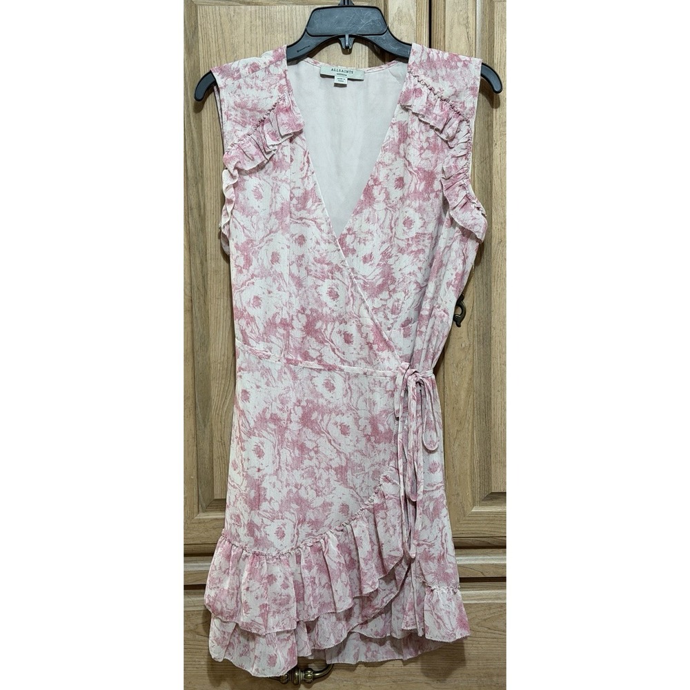 AllSaints Floral Print Wrap Dress Womens Size Medium Pink Ruffle Trim Sleeveless
